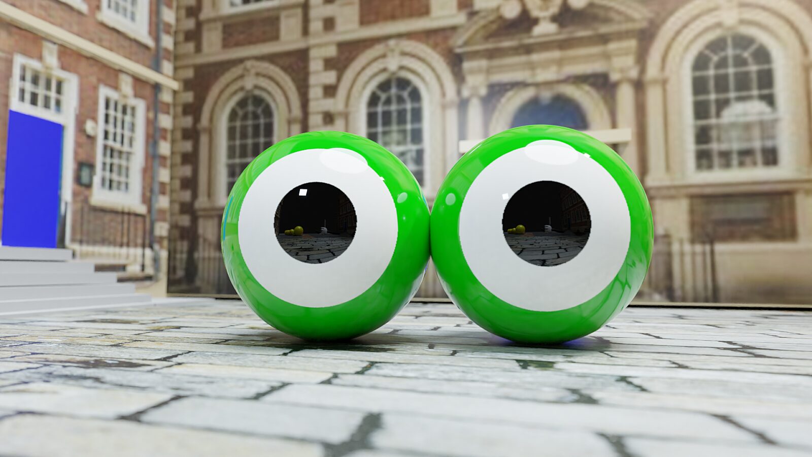A concept sketch for Bruce Asbestos' project 'OK! Cherub!'. This image shows a giant inflatable pair of green frogspawn, located in front of the Bluecoat building.