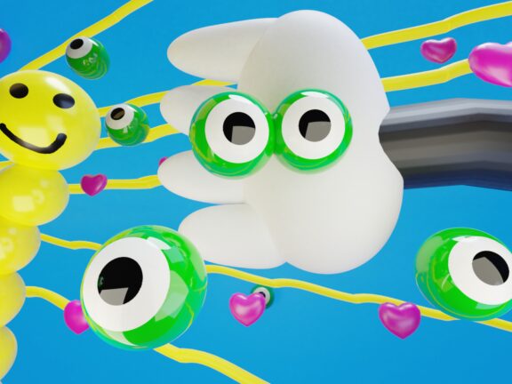 A production sketch by Bruce Asbestos, including a happy yellow worm, green frogspawn, and floating pink hearts on a bright blue background.