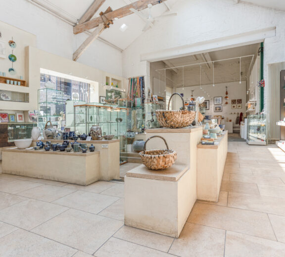 Image displays the interior of Bluecoat Display Centre shop, with shelves of various gifts.