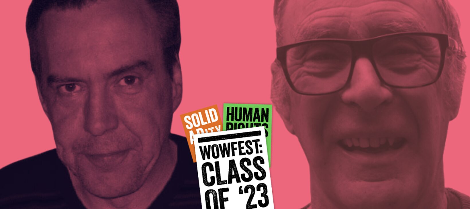 Image shows two people looking at the camera with a pink background.  A logo in the middle of the image says 'WOWFEST: Class of '23'