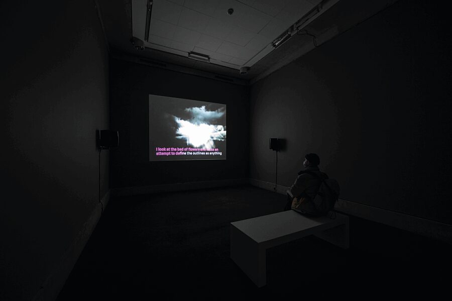 An image of a film work at a distance, in a dark room. Subtitles read "I look at a bed of flowers and make an attempt to define the outlines of everything."