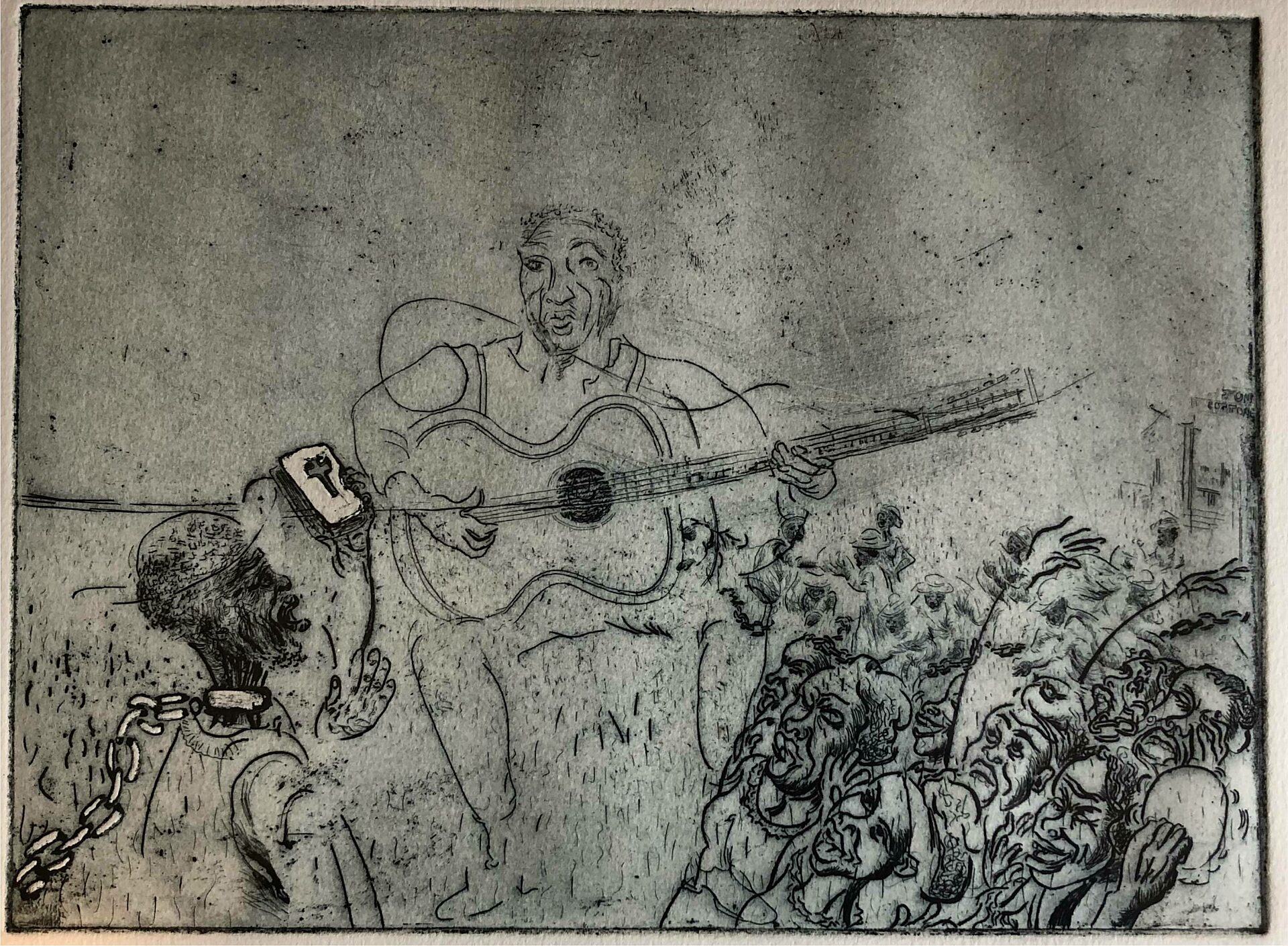 An etched drawing shows a man holding a guitar, to his right there is a crowd of people, to his left there is a figure with a chain around his neck, he is holding out a key. The drawing is on grey paper.