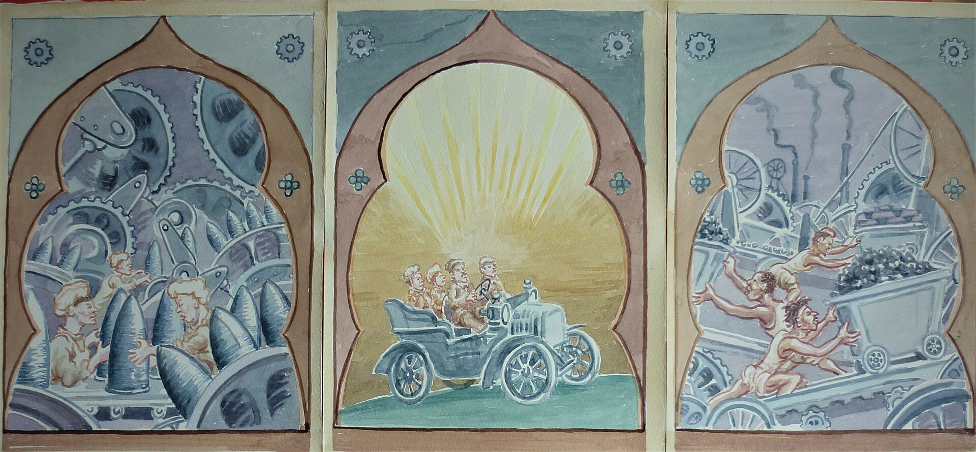 Three of Tony's designs sit side by side. The first is a series of gears and conveyer belts with people intertwined, the second is 4 people sitting in an old style car, the third is three people pushing carts filled with what appears to be coal up a hill. Each one is framed with a brown design and the background is blue.