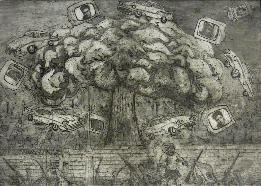One of Tony's etching depicts a series of TVs, cars and other electronic devices. The etching is grey and white.