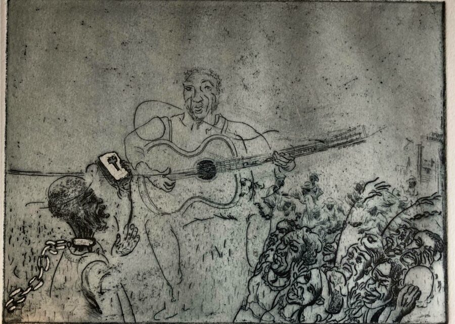 An etched drawing shows a man holding a guitar, to his right there is a crowd of people, to his left there is a figure with a chain around his neck, he is holding out a key. The drawing is on grey paper.