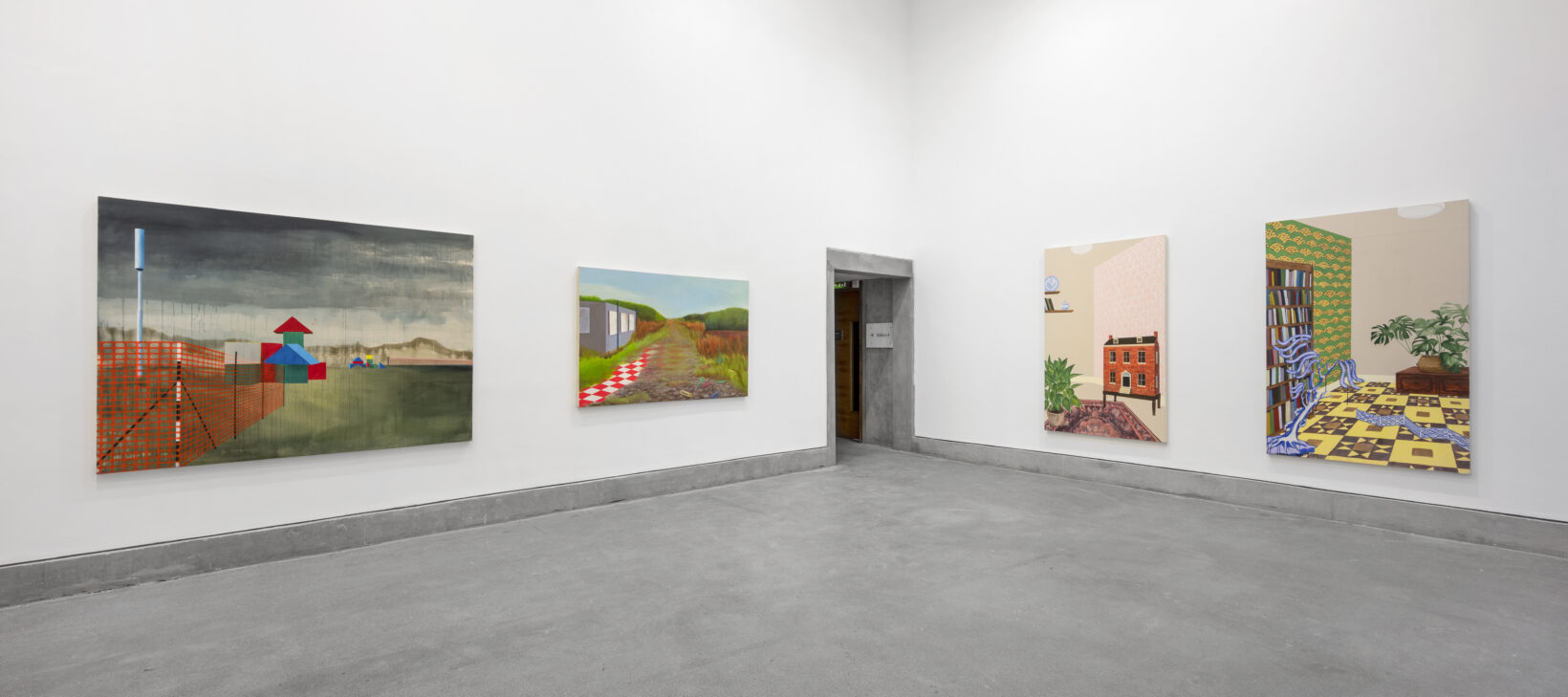 A photograph of the inside of Josie Jenkins' exhibition, Assembled Worlds. The photo shows two landscape paintings and two interior scenes.