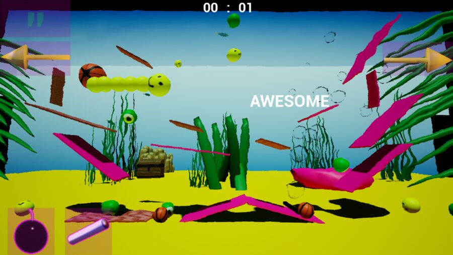 A screenshot of the interactive artwork Eye Of Newt by Bruce Asbestos. A yellow worm is in the centre of a colourful underwater scene. There is pink platforms and a yellow floor, and the word Awesome.
