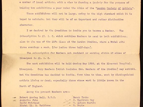 Letter to artists from Fanny Hamel Lister regarding joining the Sandon