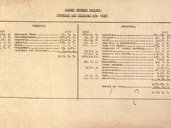 Receipts and expenses of the Sandon Studios Society, 1927