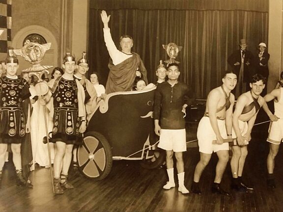 Charles Reilly and students in fancy dress at University of Liverpool Architecture Department party at Bluecoat