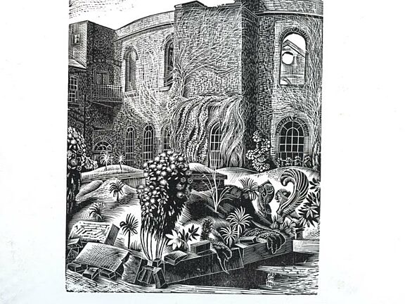 Wood engraving showing the bomb-damaged Bluecoat and garden