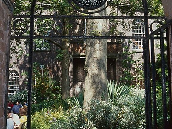 Bluecoat Society of Arts anniversary plaque at the garden entrance