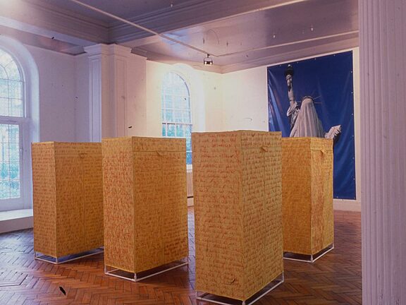 Veil exhibition: work by Ghada Amer (foreground) and AES