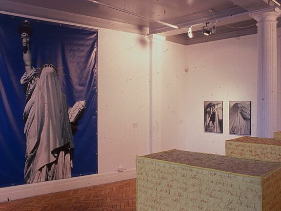 Veil exhibition: work by (left to right) AES, Ghada Amer, Ramesh Kalkur