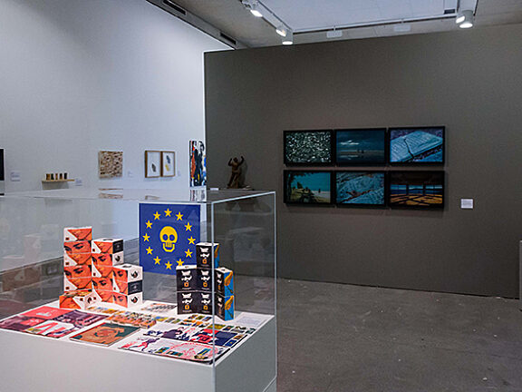 Public View exhibition, with The Trophy Cabinet (1992) by South Atlantic Souvenirs and Trouble