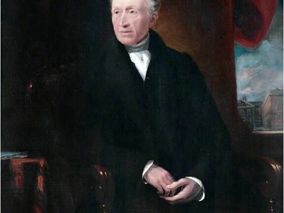 James Lonsdale (1777–1839), portrait of George Brown, with Liverpool Blue Coat School in the background.