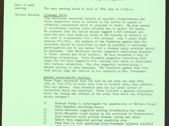 Minutes from Bluecoat Society of Arts Friends Fudraising Committee Meeting, 1984-1985.