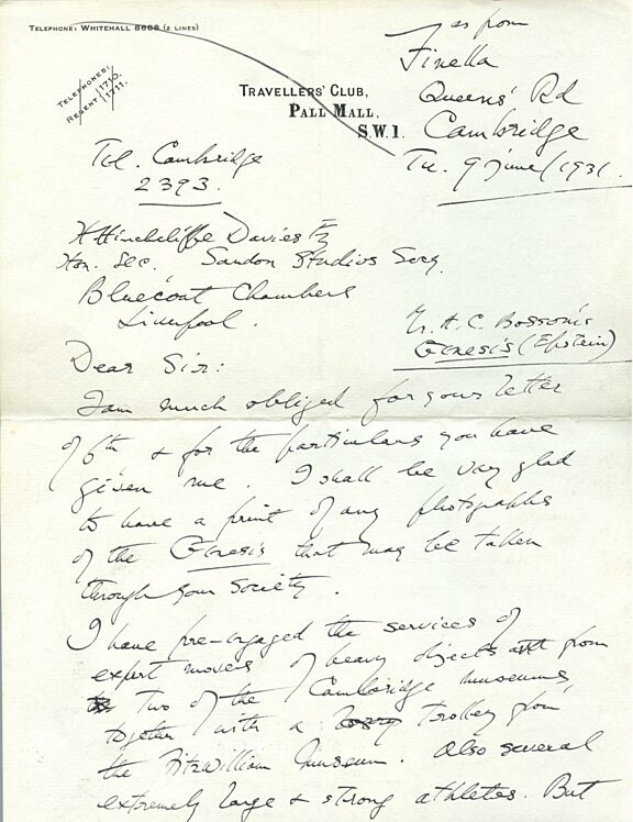 Letter to H. Hinchcliffe Davies regarding the return of Jacob Epstein's sculpture, Genesis