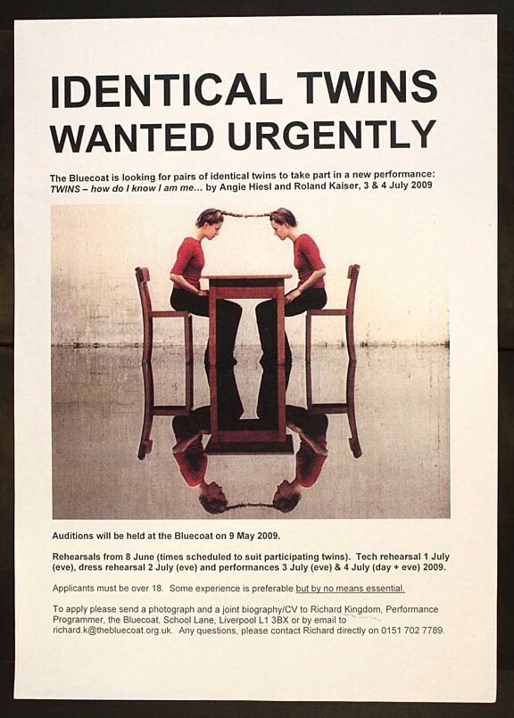Recruitment poster for Angie Hiesel's Twins performance
