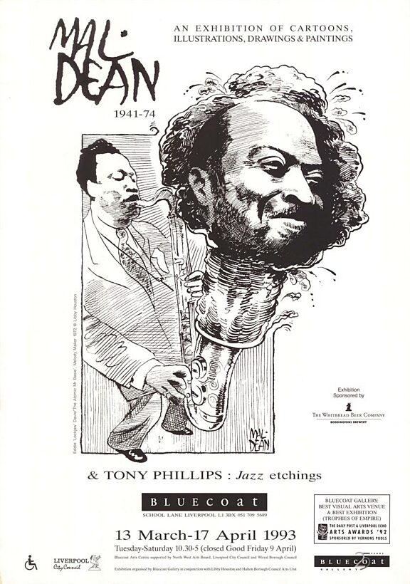 Poster for the exhibitions, Mal Dean 1941-1974: Cartoons, Illustrations, Drawings & Paintings; and Jazz by Tony Phillips