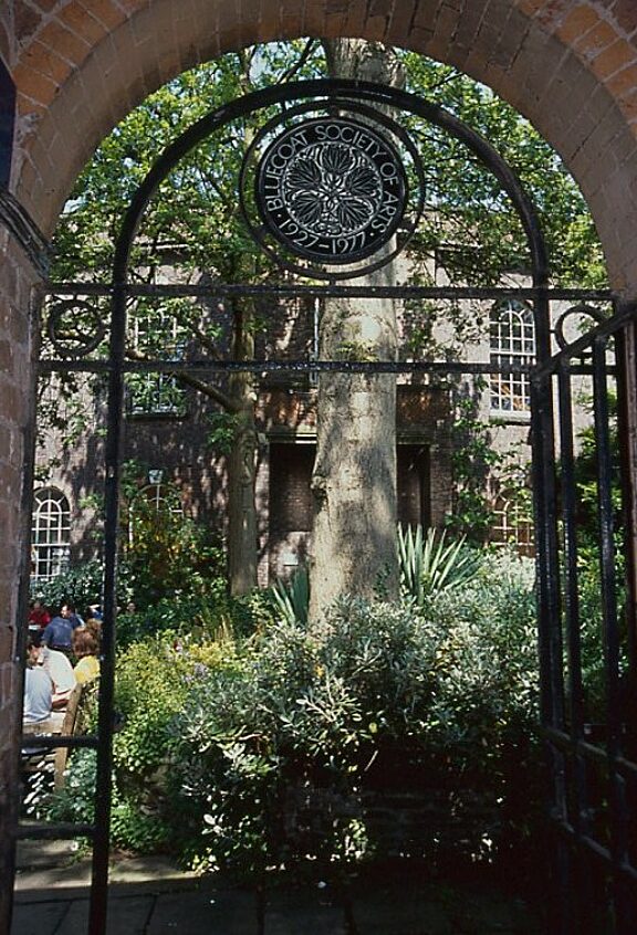 Bluecoat Society of Arts anniversary plaque at the garden entrance