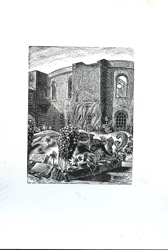 Wood engraving showing the bomb-damaged Bluecoat and garden