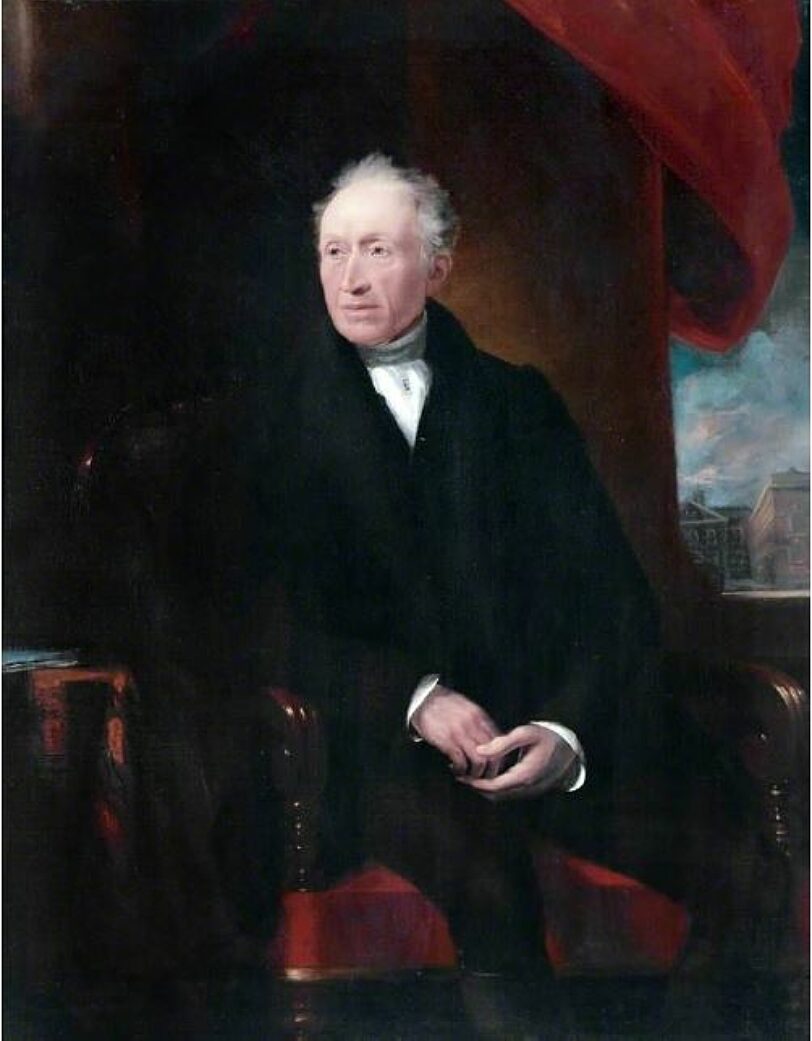James Lonsdale (1777–1839), portrait of George Brown, with Liverpool Blue Coat School in the background.