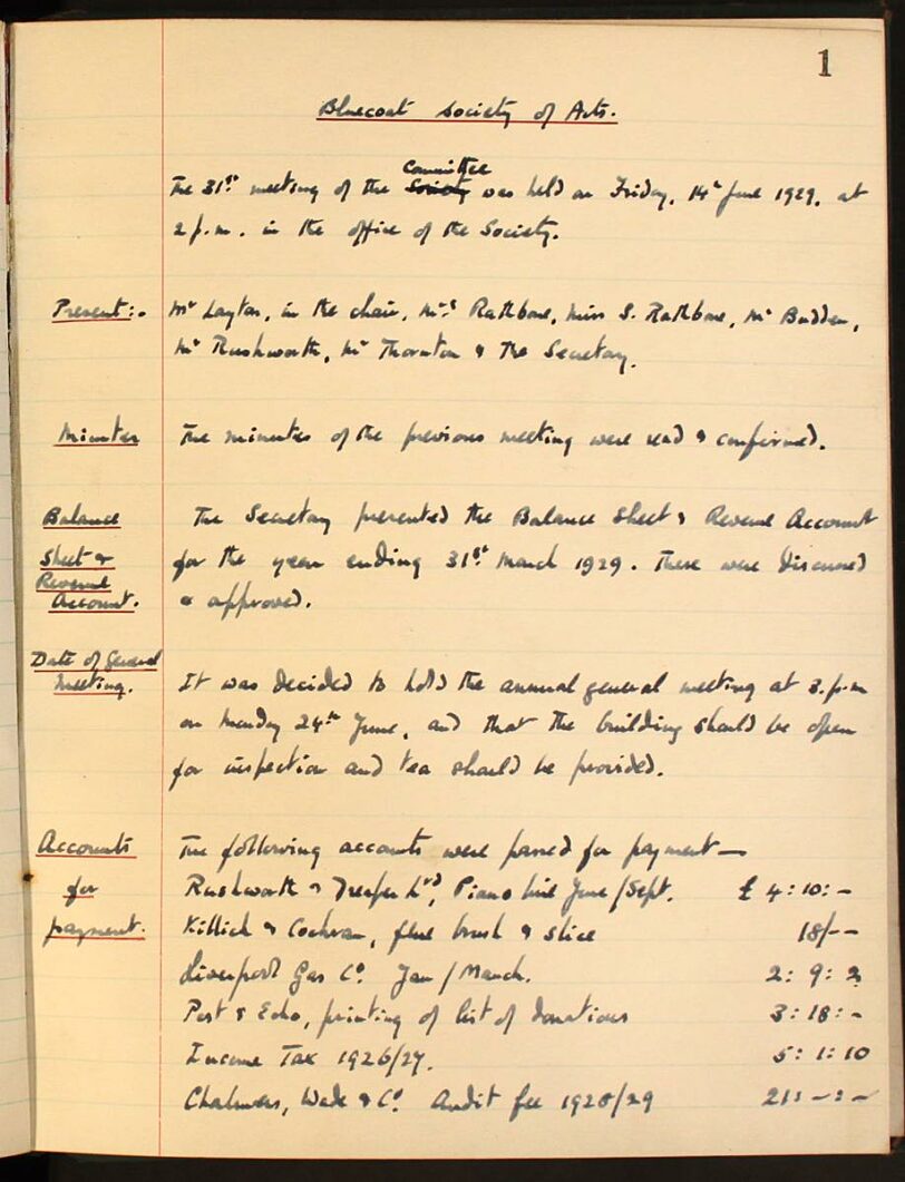 Bluecoat Society of Arts minutes book, 1929 - 1934