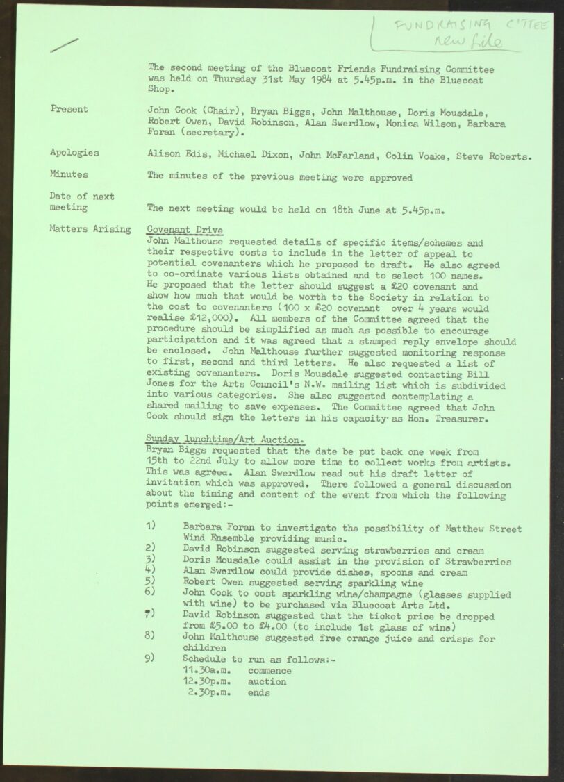Minutes from Bluecoat Society of Arts Friends Fudraising Committee Meeting, 1984-1985.