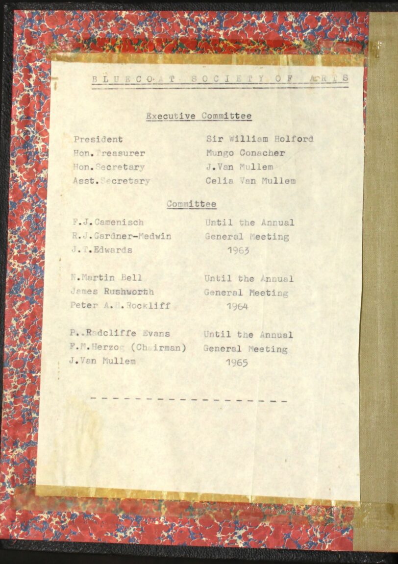 Bluecoat Society of Arts Executive Committee Meeting Minutes 1957-1962