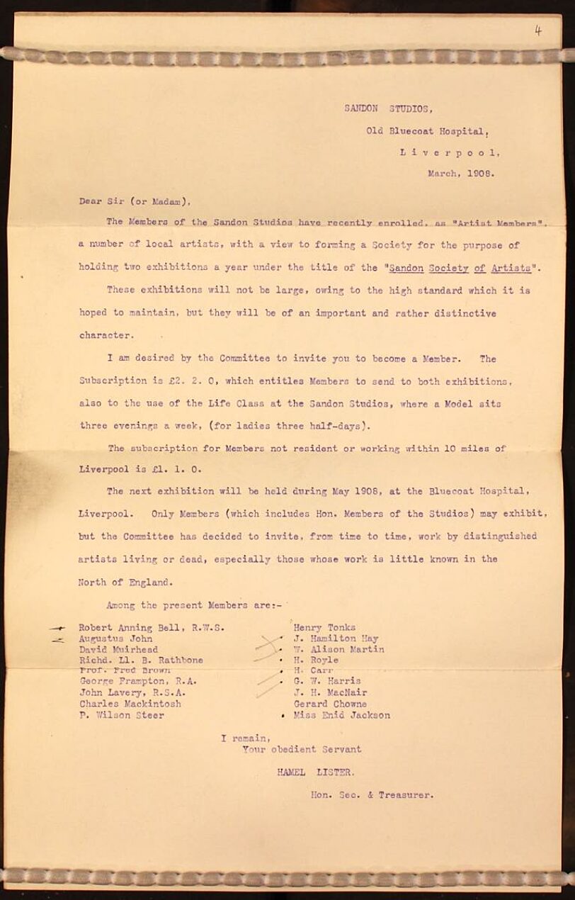 Letter to artists from Fanny Hamel Lister regarding joining the Sandon