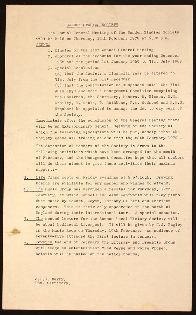 1970 Notice of Sandon Studio Society AGM