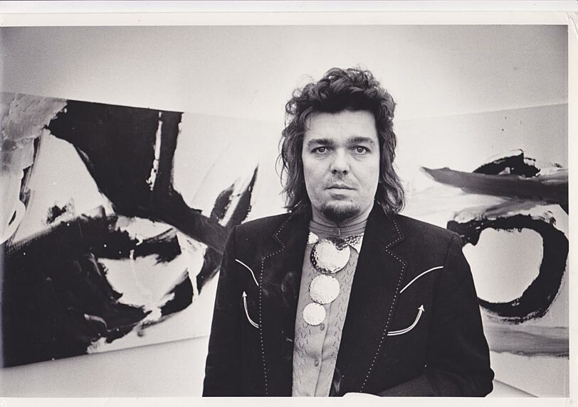 Captain Beefheart in the Bluecoat gallery in front of his paintings